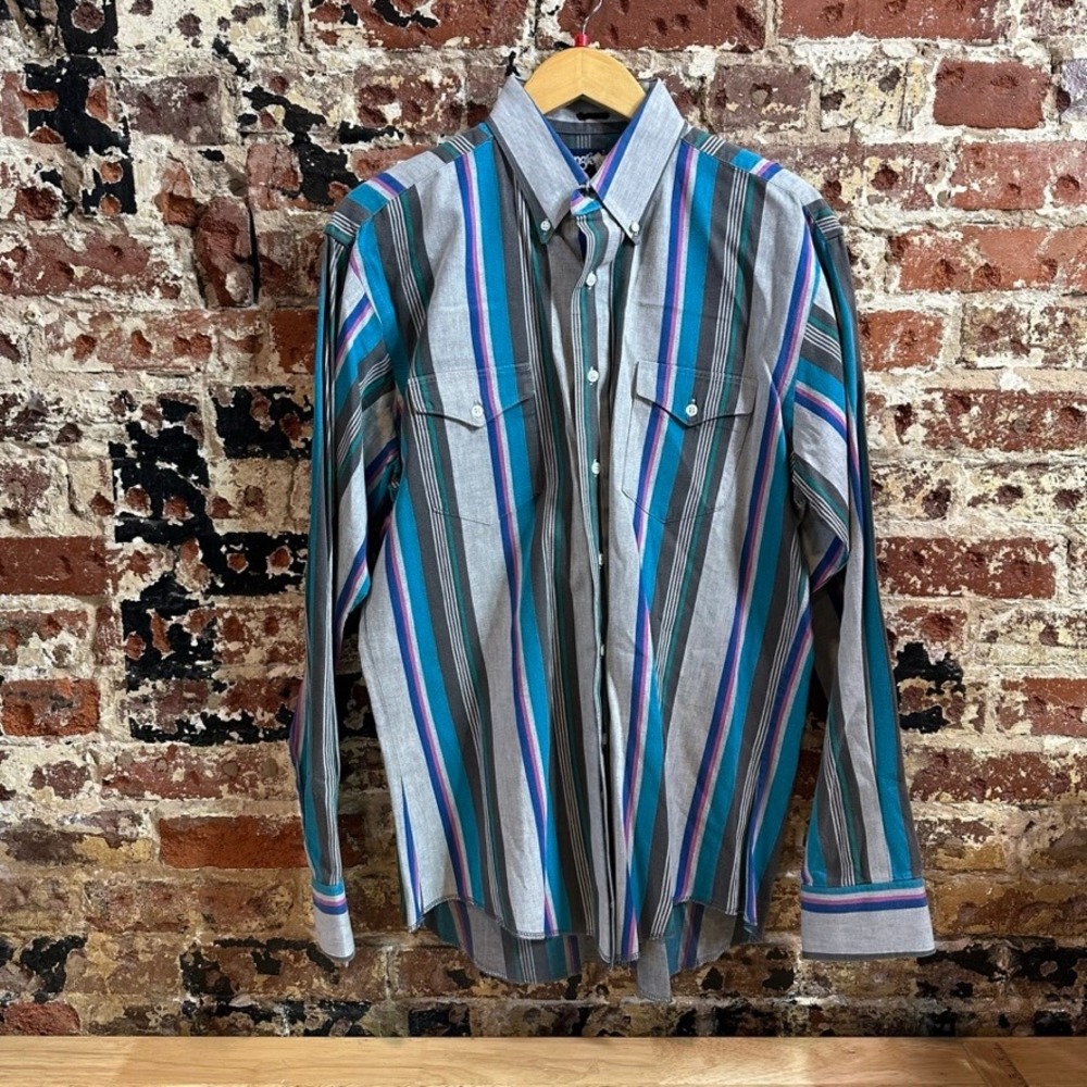 VTG Wrangler Western Cowboy Shirt Button Up Long Sleeve Gray Striped Mens 16 Lrg